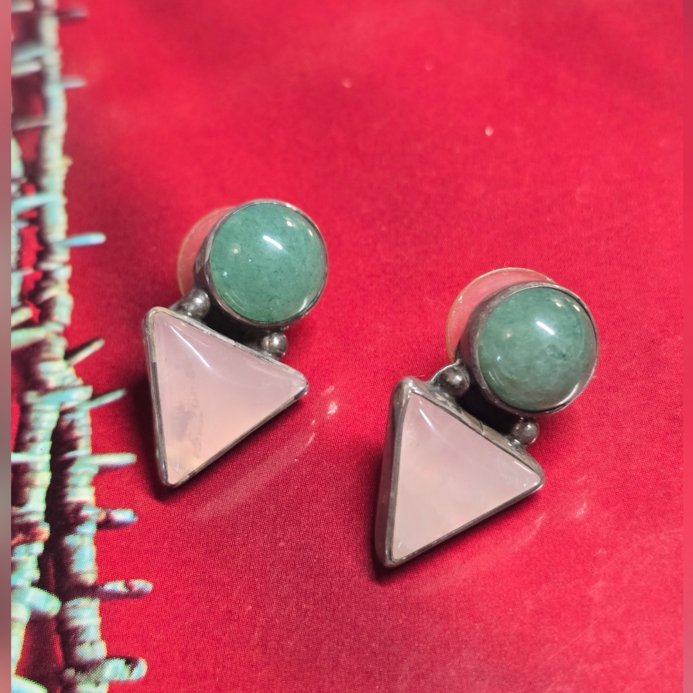 Vintage Designer Carol Felley Rose Quartz & Aventurine Sterling Silver Earrings